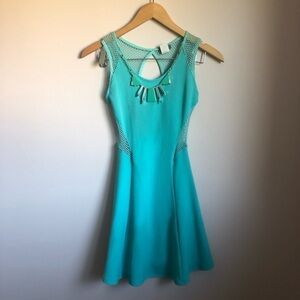 Vizio Teal Turquoise Open Back Dress Italian Boutique Small with Necklace